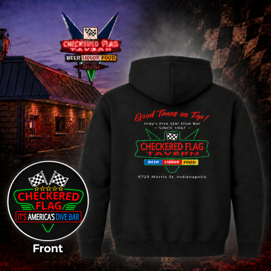 Black Checkered Flag Tavern hoodie featuring the “Good Times on Tap!” back design, shown in front of the Indianapolis bar with its neon roadside sign and a vintage Checkered Flag dive bar logo.